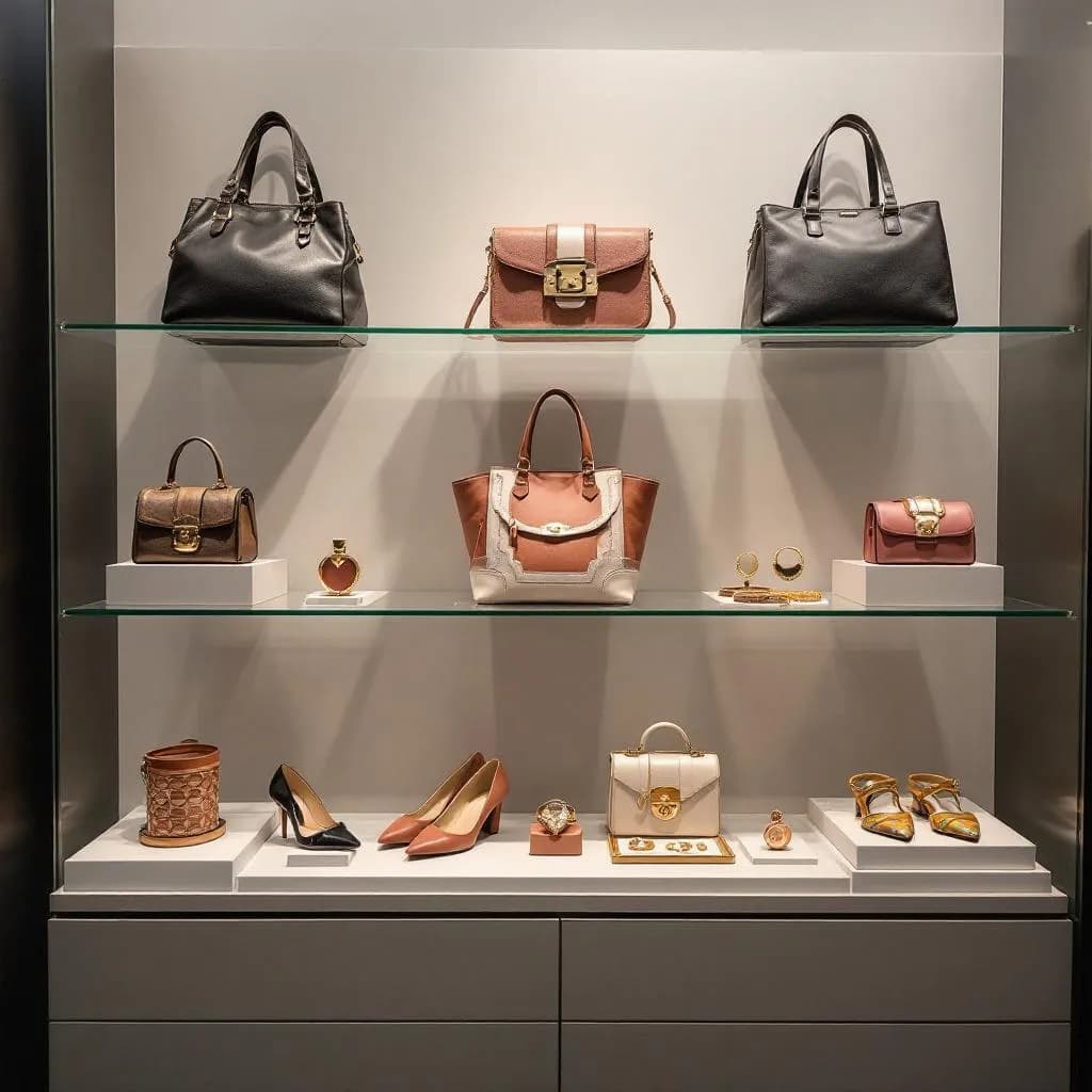 Fashion accessories including bags, shoes, and jewelry in modern display
