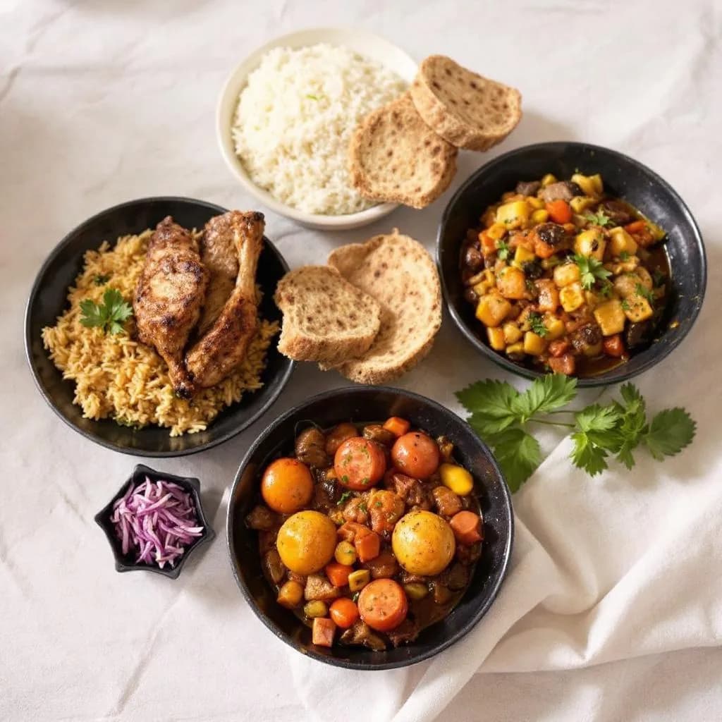 Traditional Middle Eastern main courses including grilled meats, rice dishes, and stews
