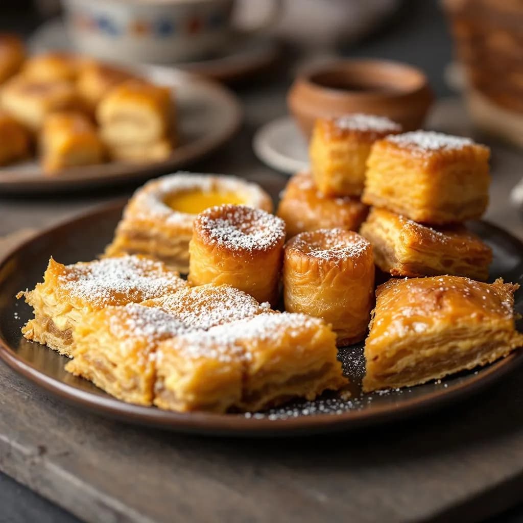 Traditional Middle Eastern desserts including baklava, kunafa, and sweet pastries