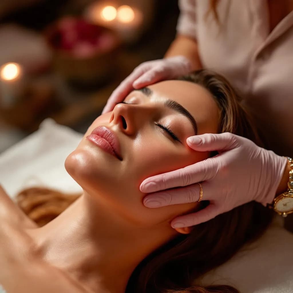 Luxurious beauty salon interior with rose gold accents, elegant mirrors, soft lighting, and premium spa equipment in Dubai