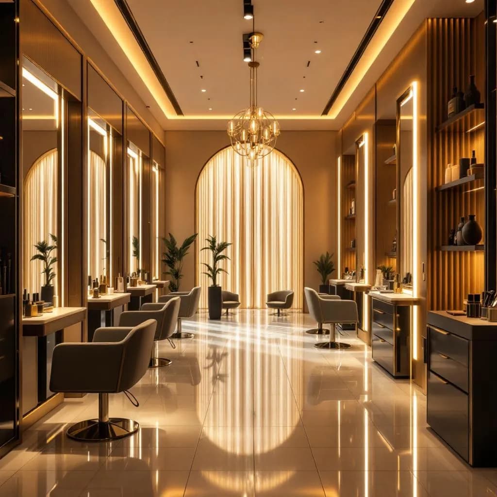 Luxury hair salon with golden lighting and premium styling tools