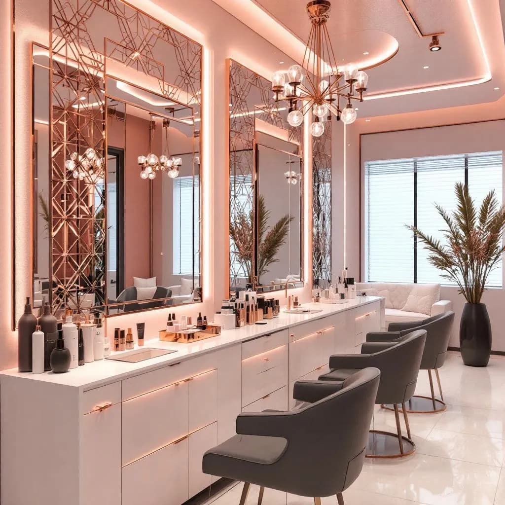 Elegant nail art studio with rose gold accents and premium nail products
