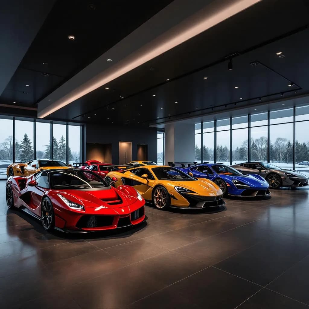 Luxury car showroom with premium vehicles, modern automotive displays, sophisticated lighting, and high-end automotive atmosphere in Dubai