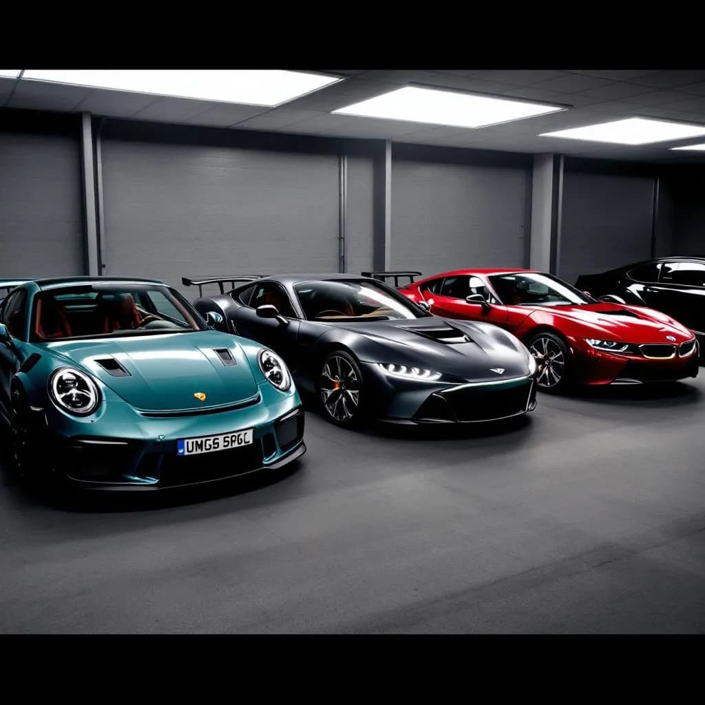 Sports car collection with Porsche, Aston Martin, and BMW M series