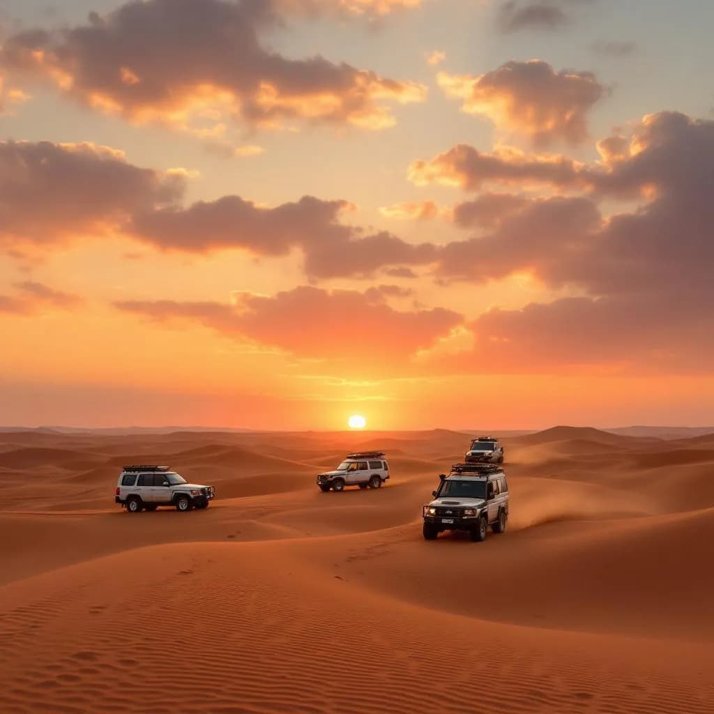 Stunning desert landscape with golden sand dunes, traditional Bedouin camp, camel silhouettes, and beautiful sunset in Dubai desert