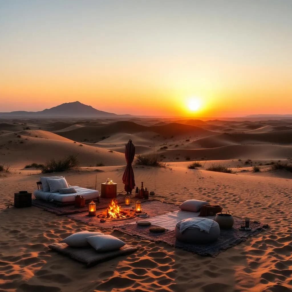 Evening desert safari with sunset over dunes and traditional camp setup
