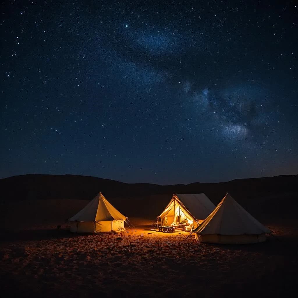 Overnight desert camp with traditional tents and starry night sky