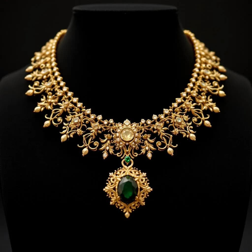 Luxury gold necklaces with intricate designs and precious gemstone pendants