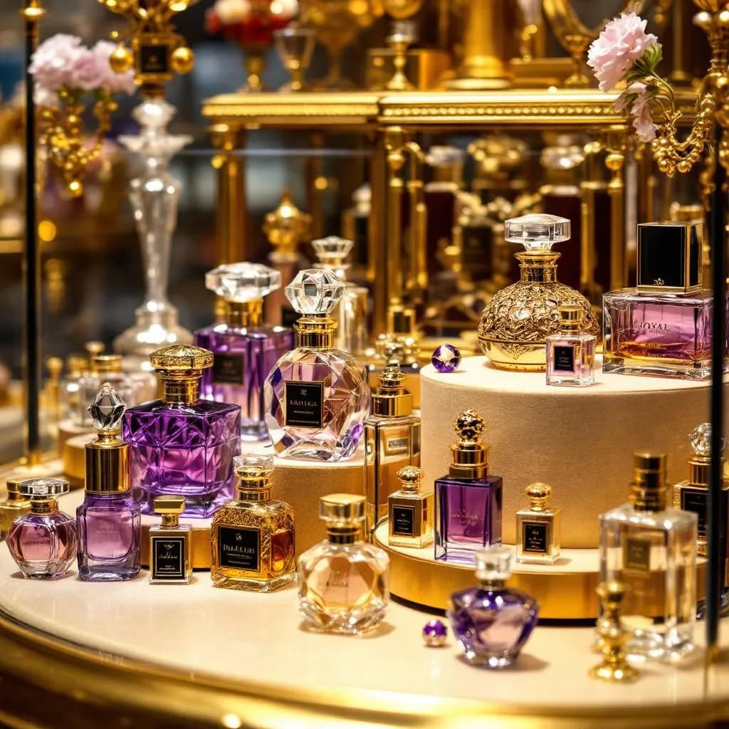 Exclusive perfume boutique with purple luxury theme, elegant displays, premium fragrance bottles, and sophisticated ambiance in Dubai