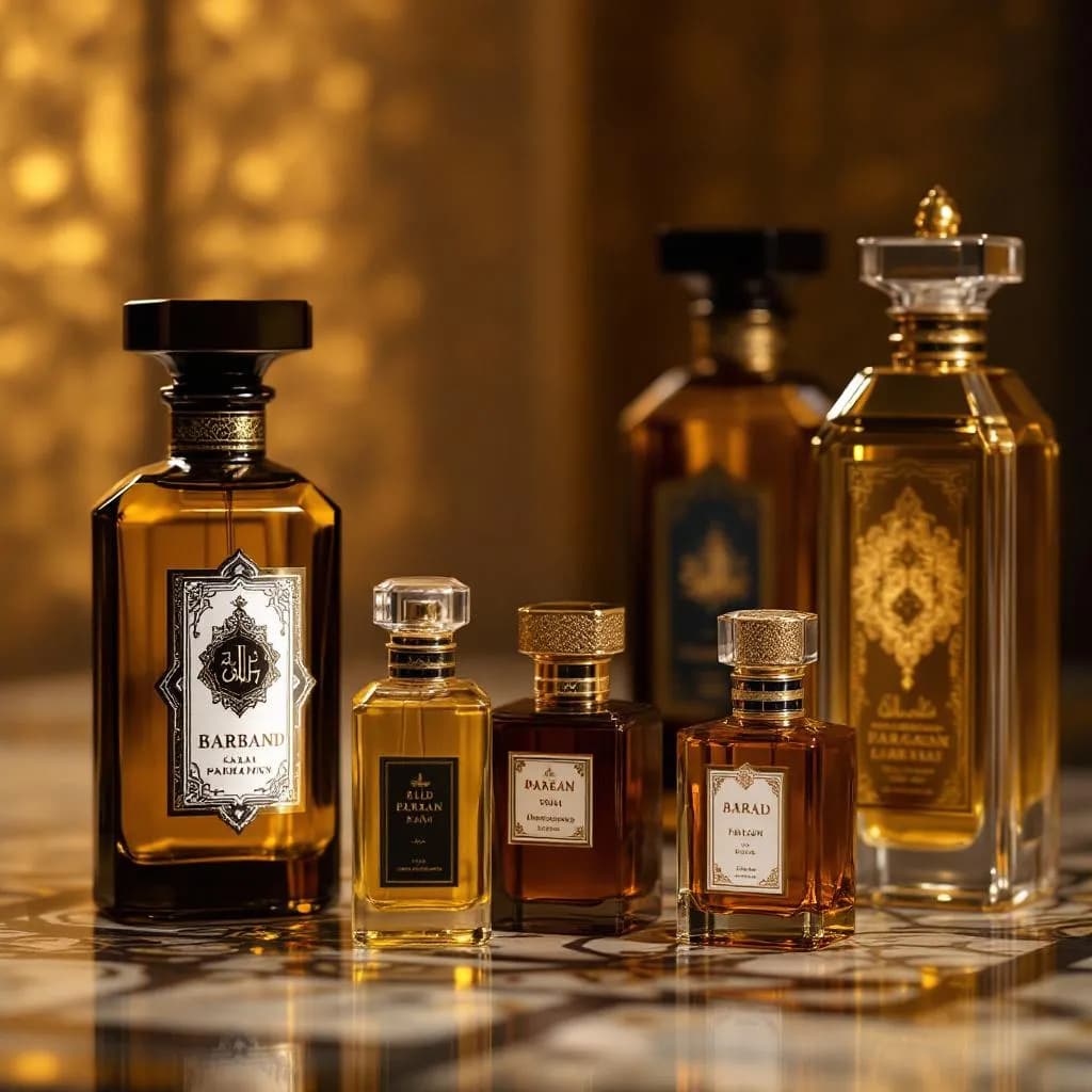 Oriental perfume collection with amber and gold bottles showcasing Middle Eastern luxury