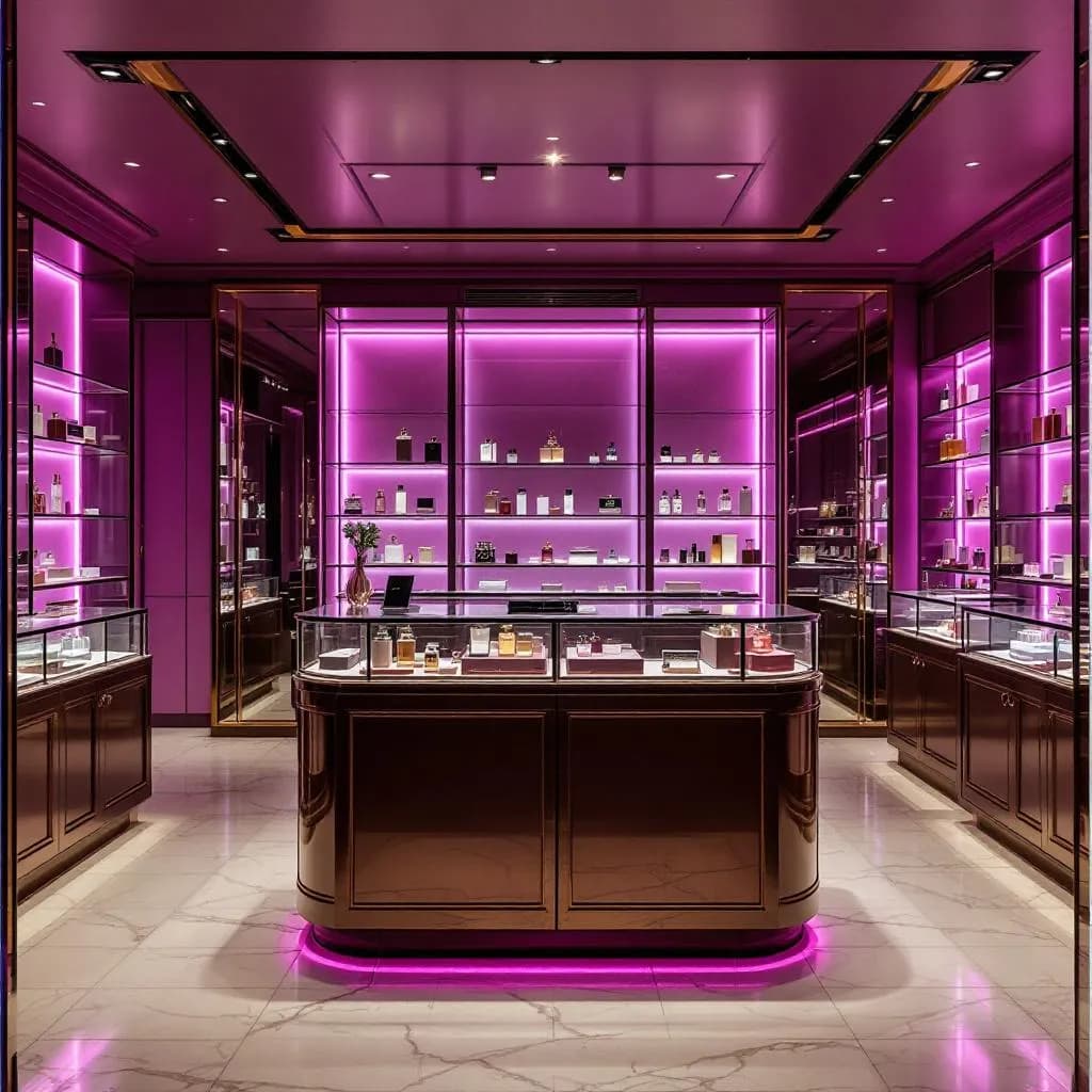 Luxury perfume boutique interior with elegant displays and purple lighting