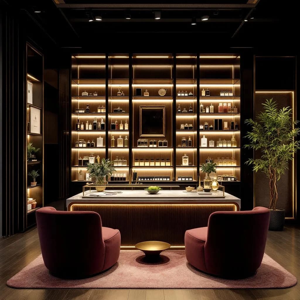 Exclusive perfume boutique with VIP consultation area and luxury seating