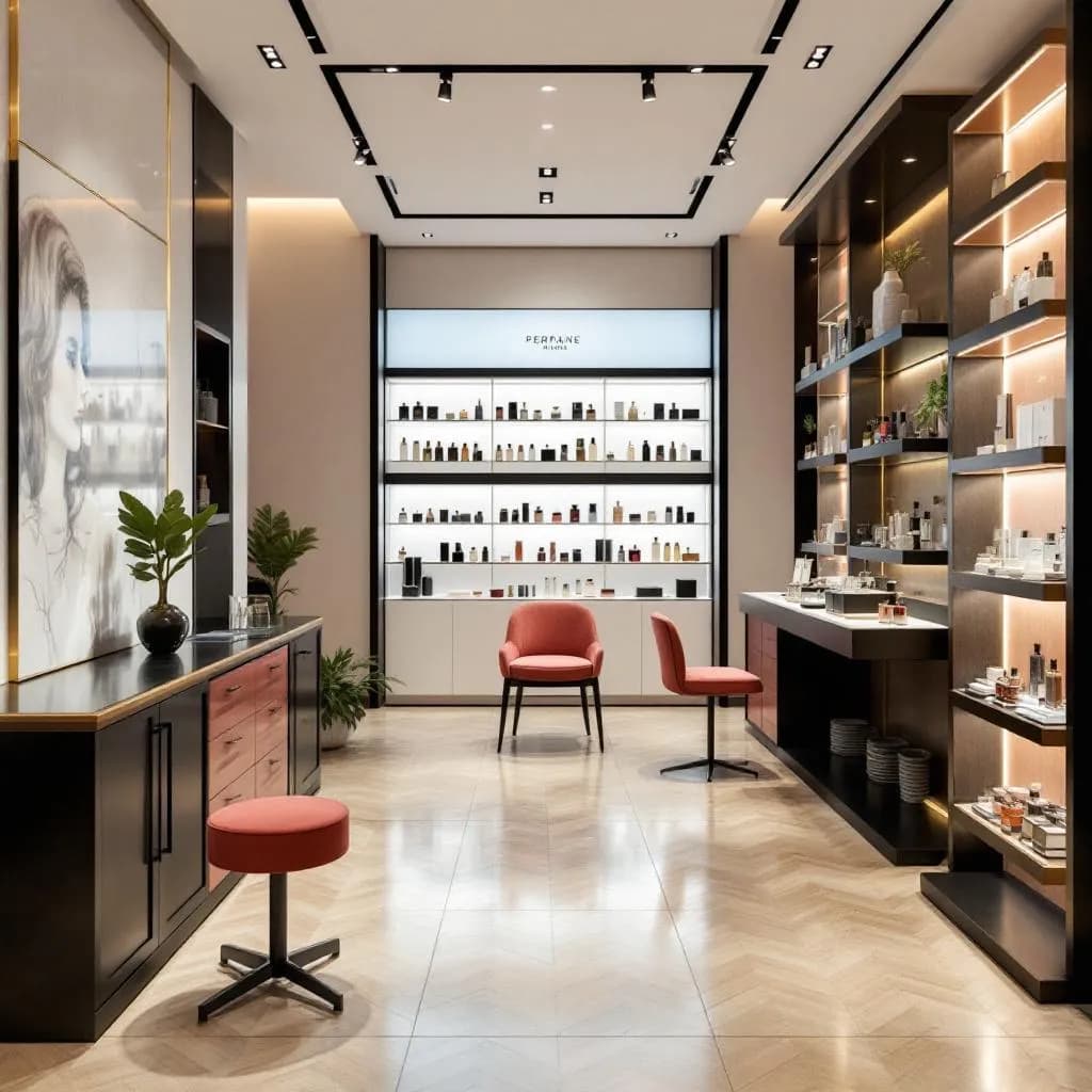 Boutique perfume store with personalized consultation area and fragrance testing stations