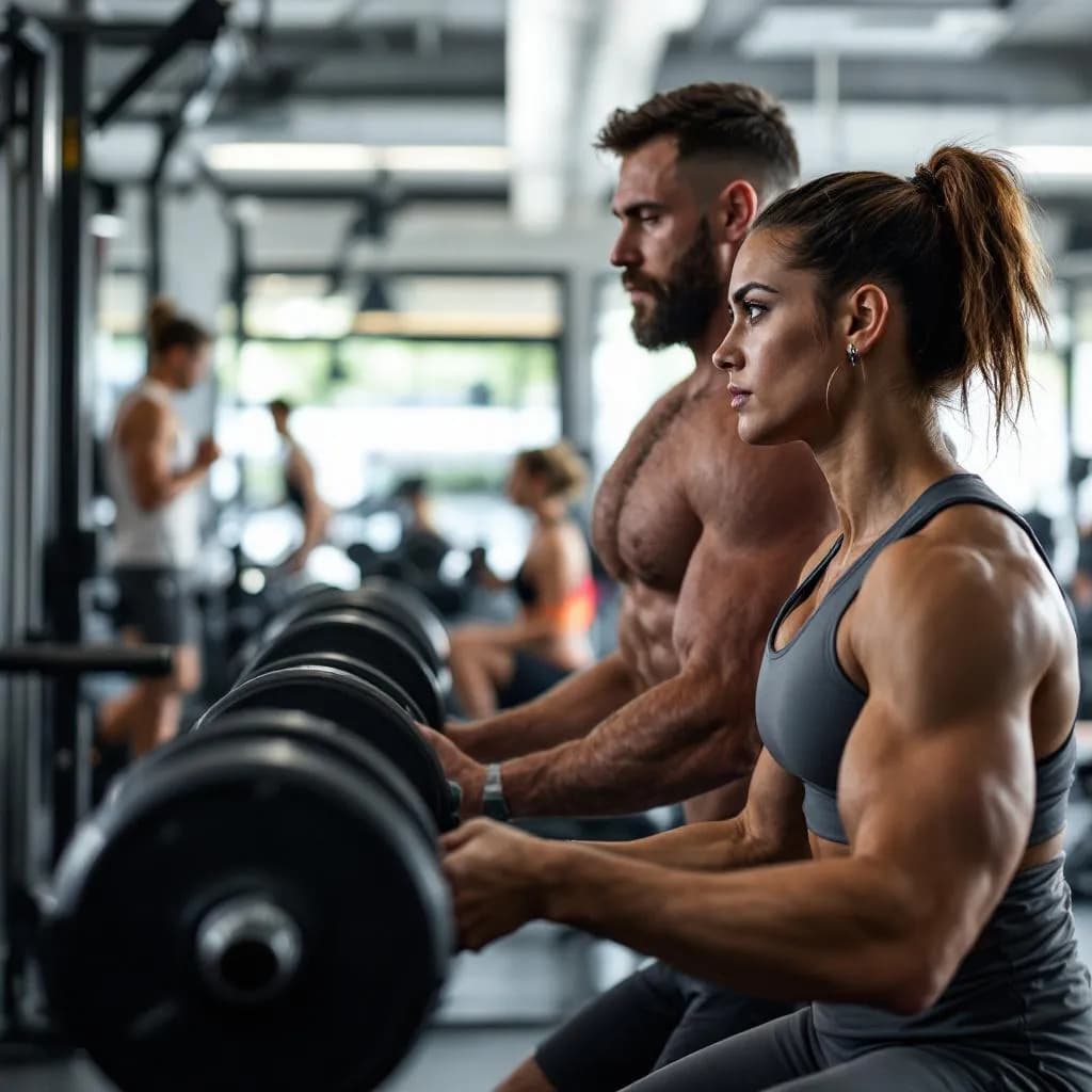Strength training session with weights and resistance equipment in modern gym