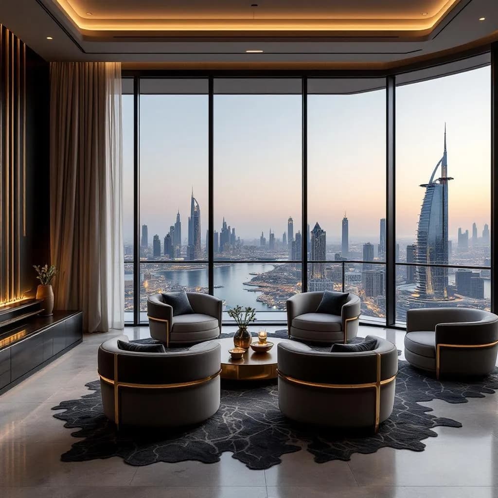 Modern luxury real estate office with navy blue accents, professional atmosphere, property displays, and contemporary design in Dubai