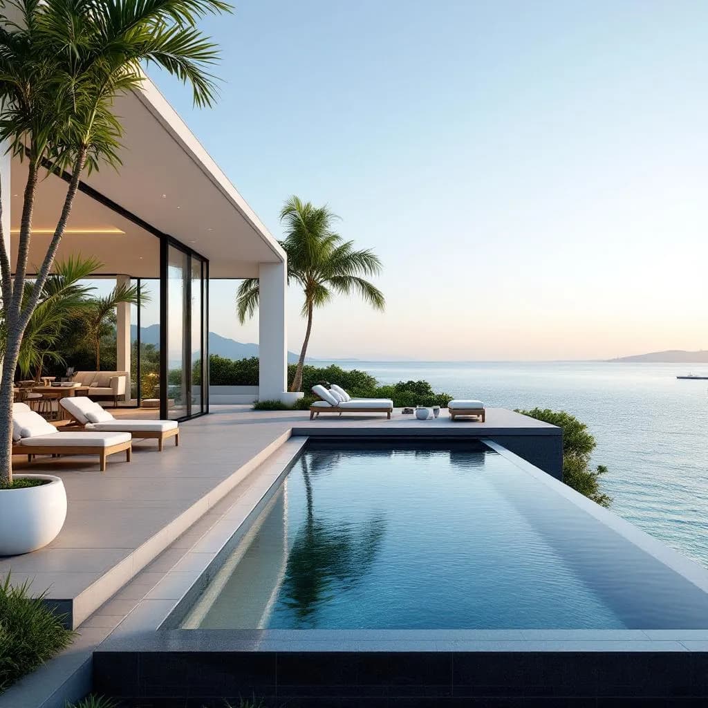 Modern waterfront villa with private beach access and infinity pool