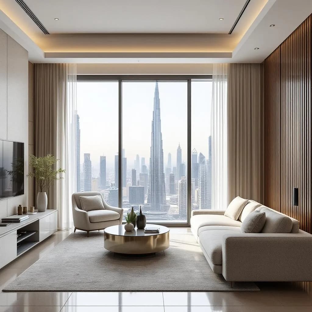 Modern apartment interior in Downtown Dubai with Burj Khalifa views