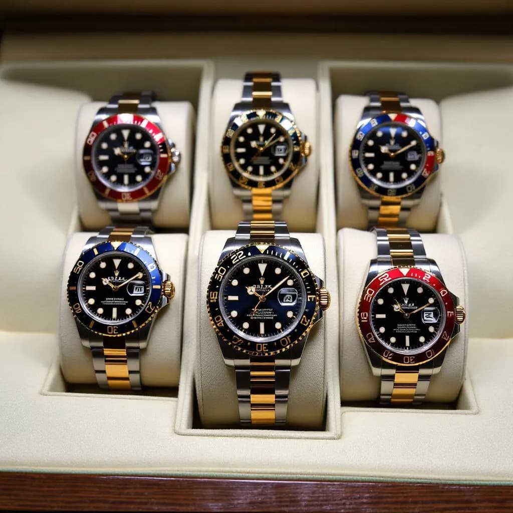 Premium watch showroom with luxury timepieces, elegant displays, sophisticated lighting, and high-end retail atmosphere in Dubai